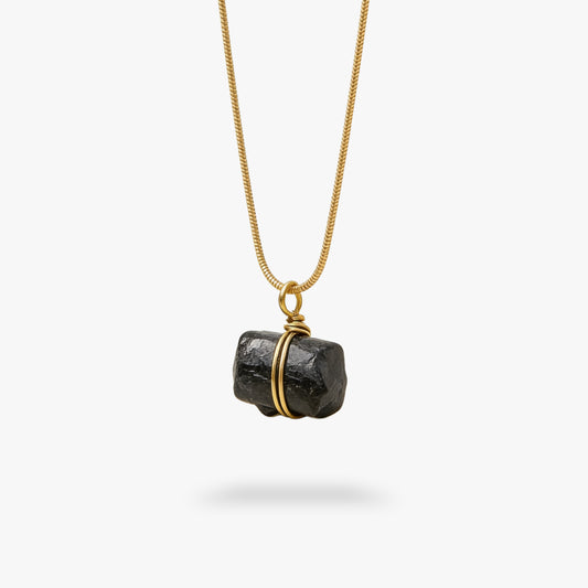 Black Tourmaline Raw Stone Necklace Gold
