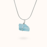 Aquamarijn ruwe steen ketting zilver