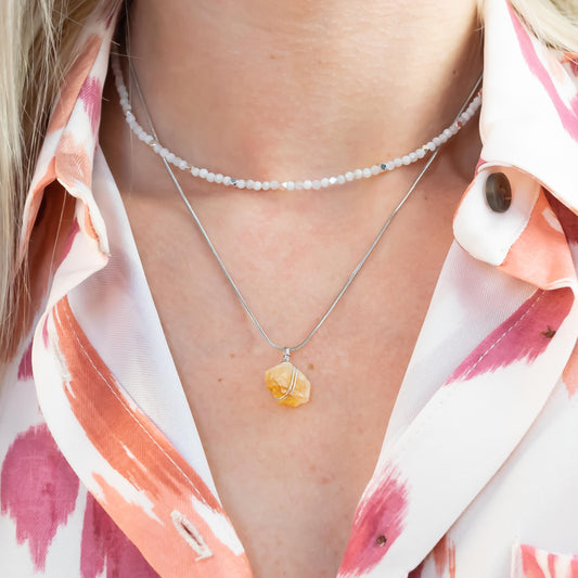Citrien ruwe steen ketting zilver